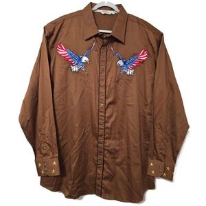 Vaccari Shirt Mens 2XL Brown Eagle Flag Long Sleeve‎ Snap Western Patriotic
